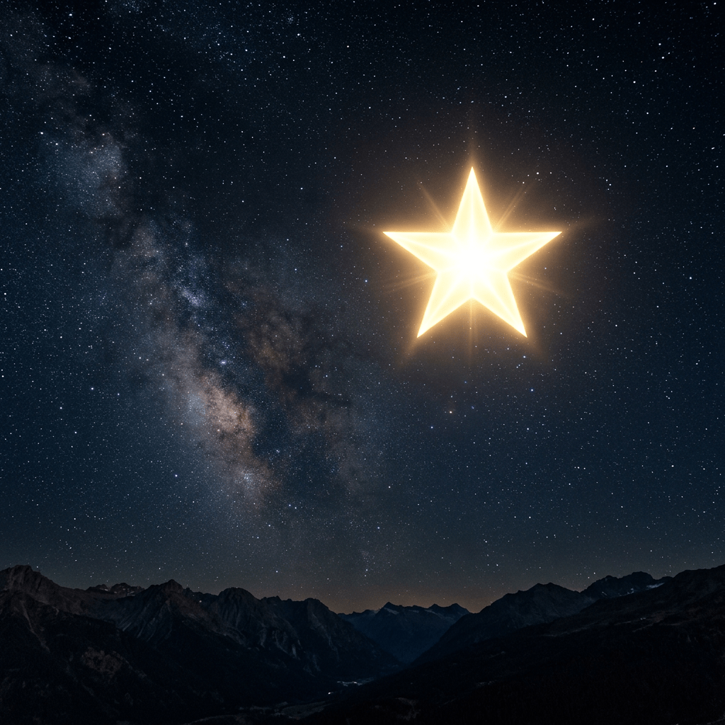Bright glowing five-pointed star in night sky above mountain silhouettes and Milky Way